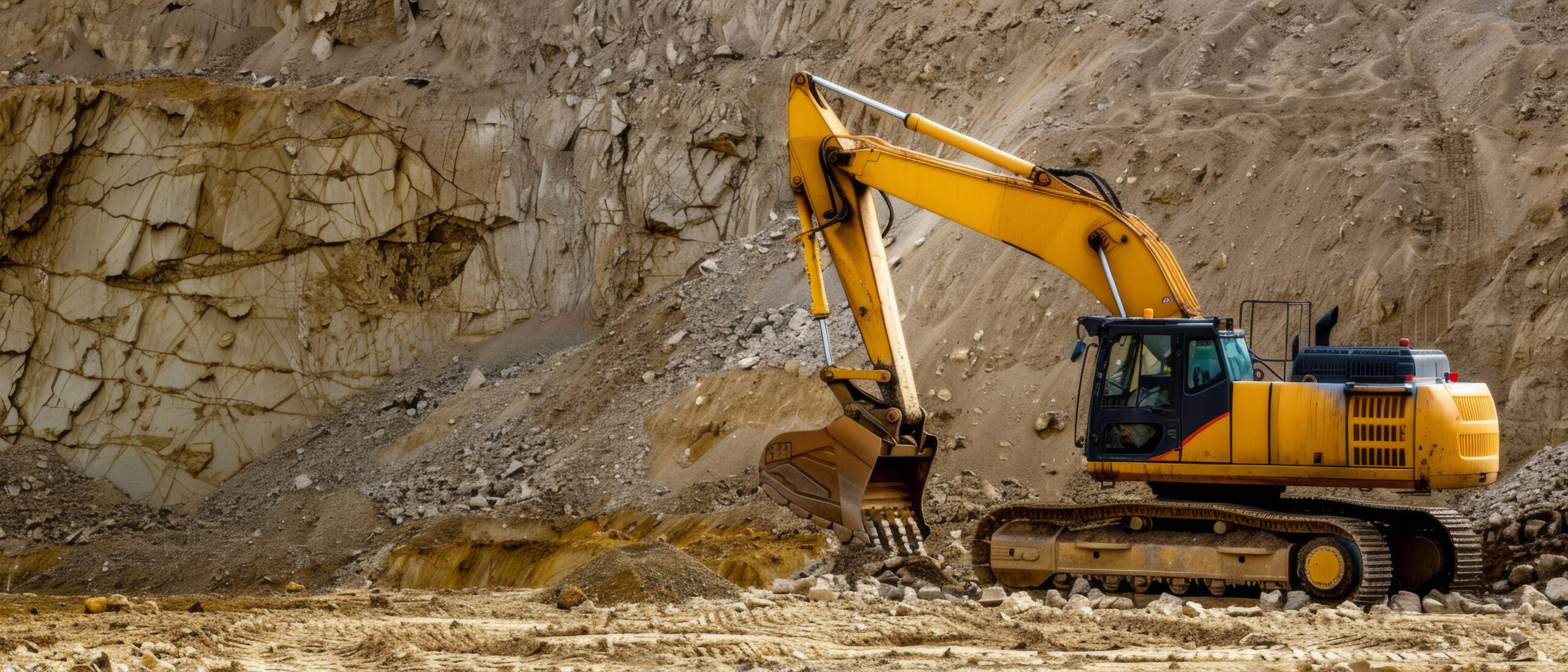 A solitary excavator at a mining site, with a backdrop of a rugged limestone quarry under a clear sky